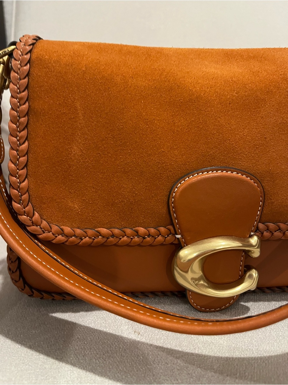 Coach Braided Suede & Leather Saddle Bag in Cognac